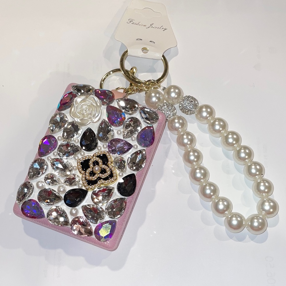 Faux Rhinestone Pearl Embellished Compact Mirror and Bag Charm/Key Holder NWT